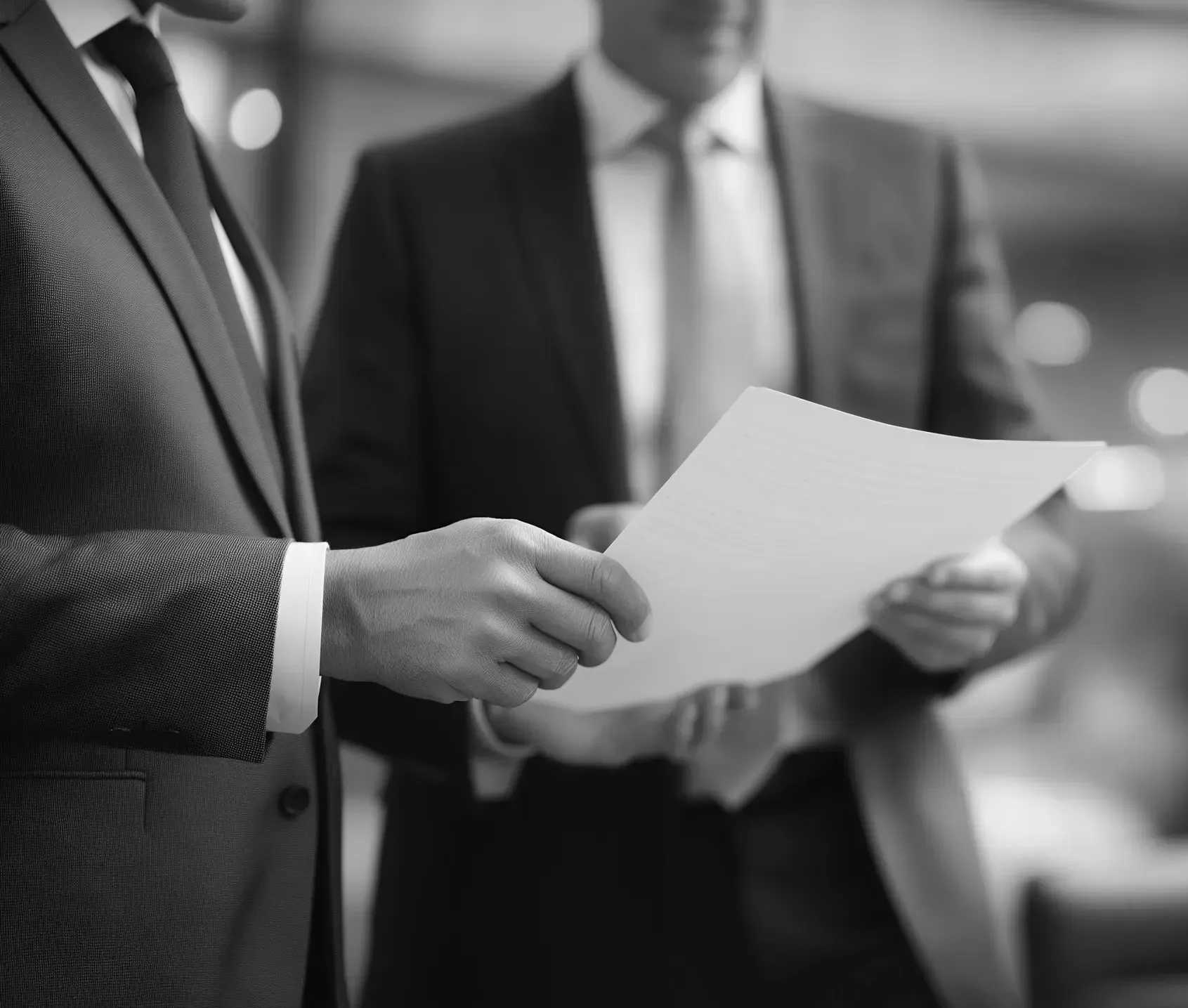 Business professionals in suits reviewing documents together