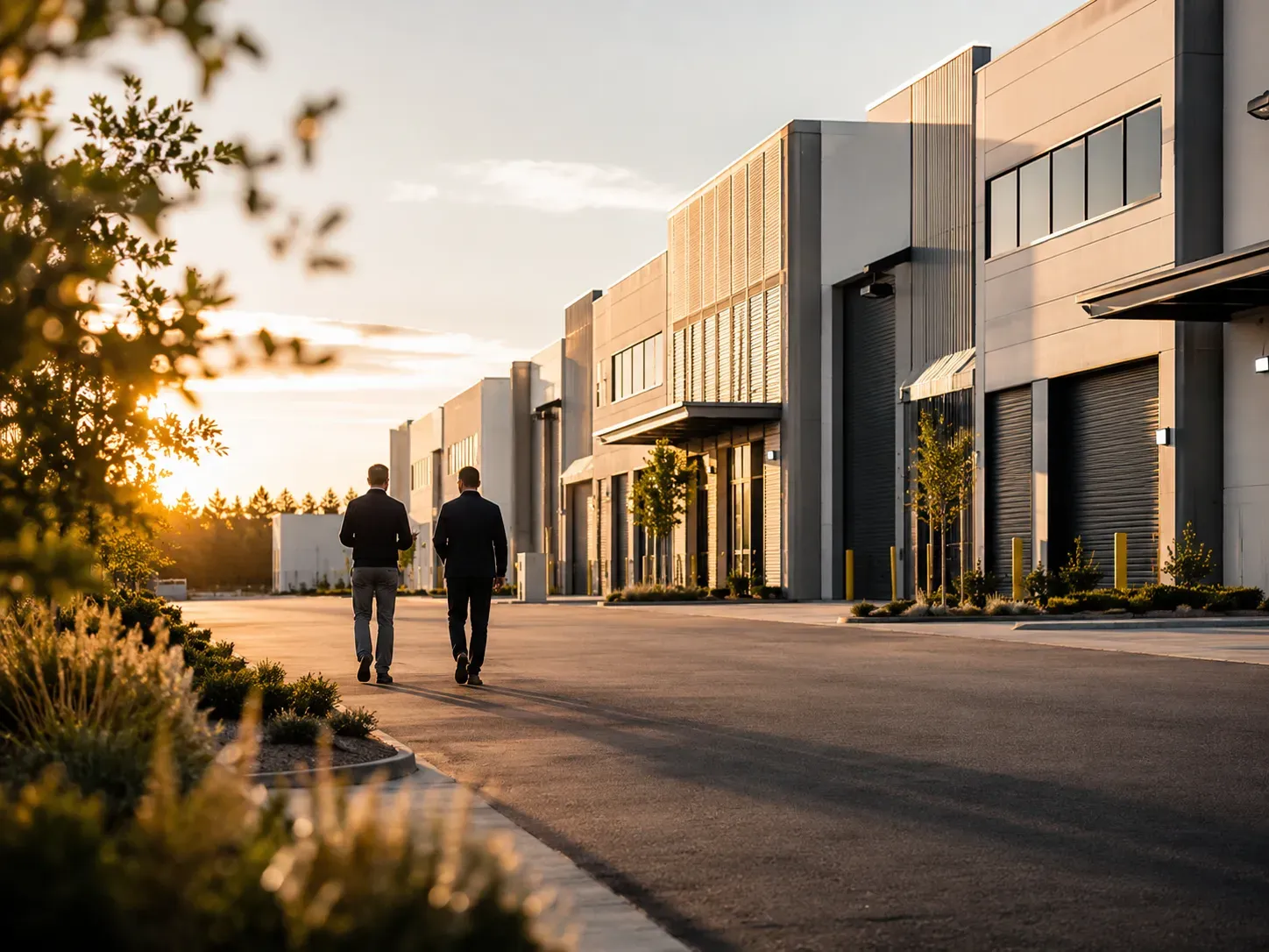 Two people walking past modern commercial buildings at sunset in an industrial park development