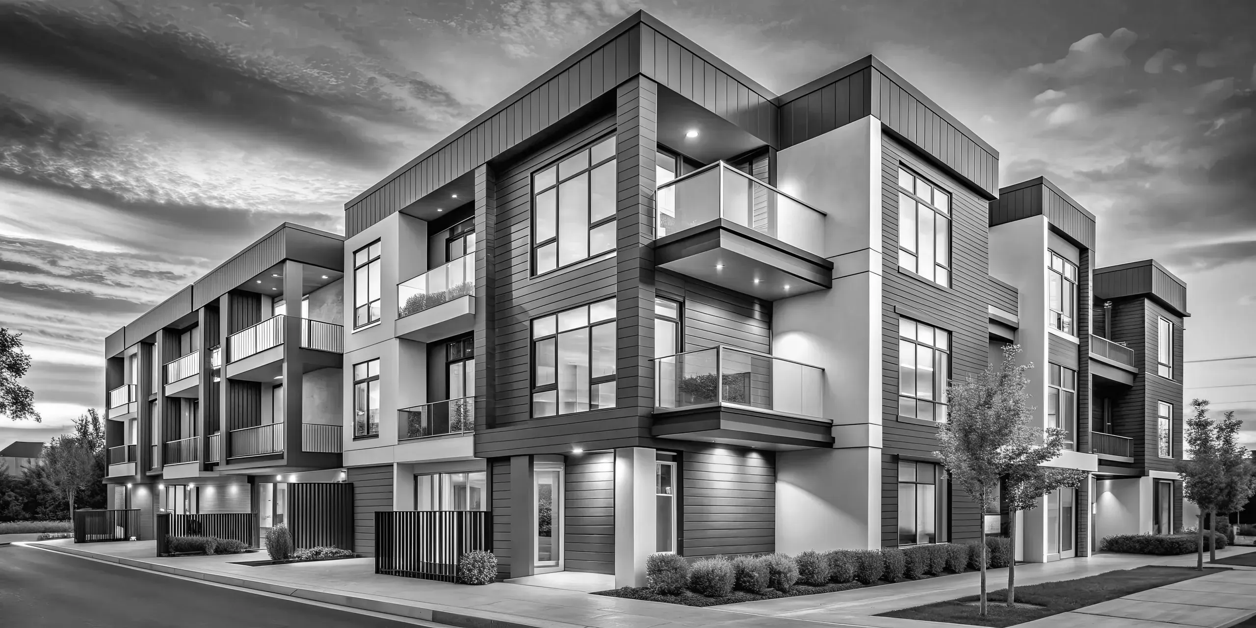 Modern multi-unit residential building with contemporary architecture, large windows, and ground-floor commercial space.