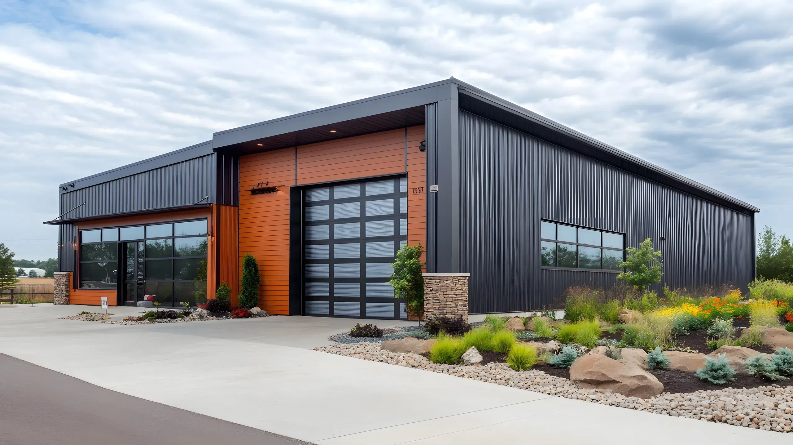 Modern residential home with black metal siding, orange accent wall, and glass garage door on landscaped lot.