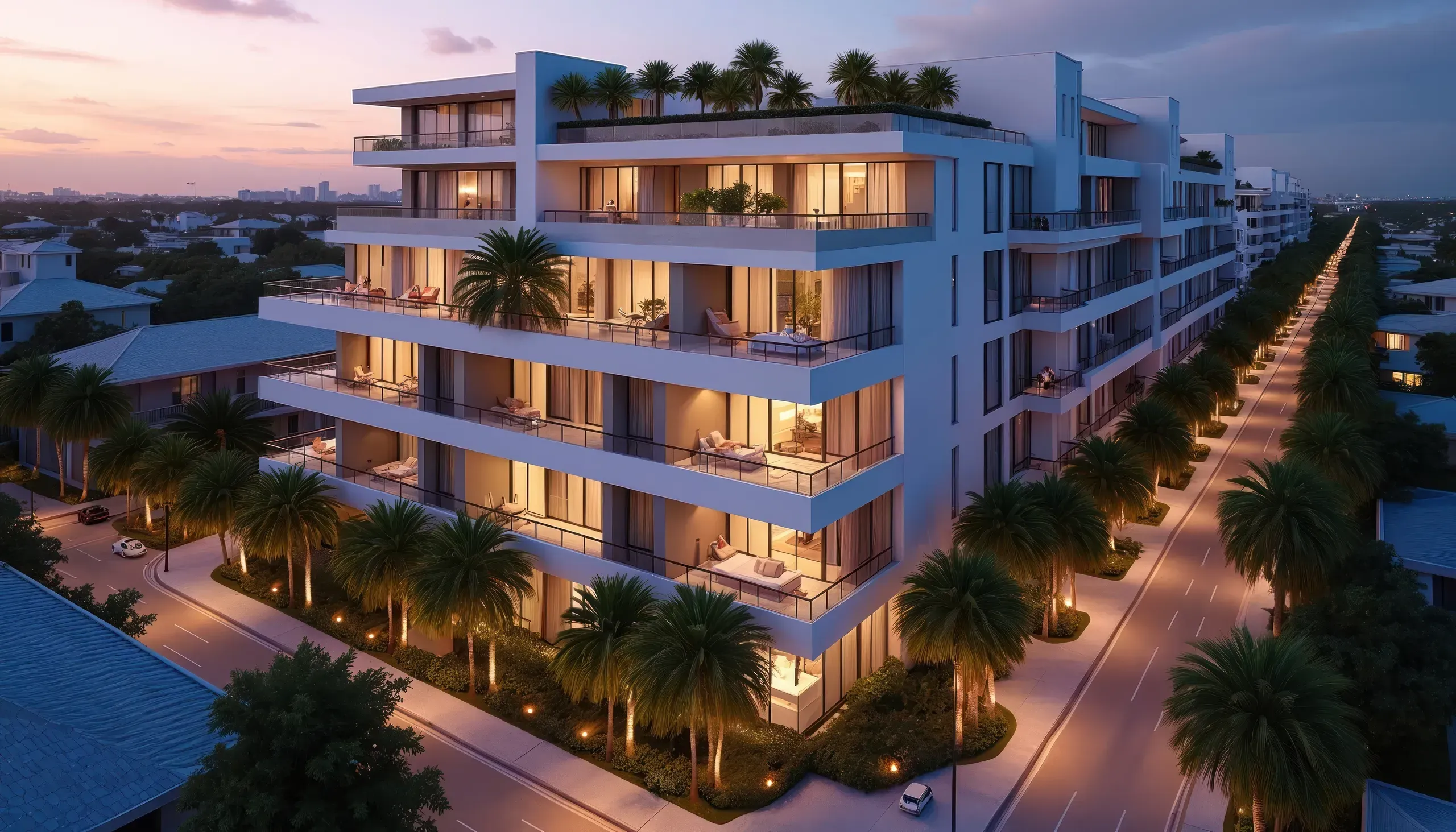 Modern luxury waterfront residential building at dusk with illuminated windows and palm trees lining the street