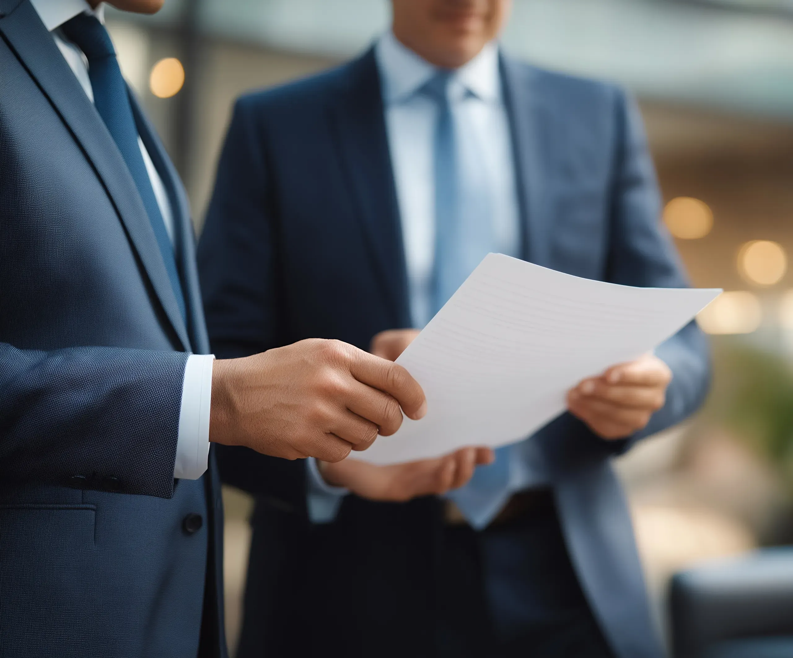 Two businessmen in suits reviewing a document together in an office setting.