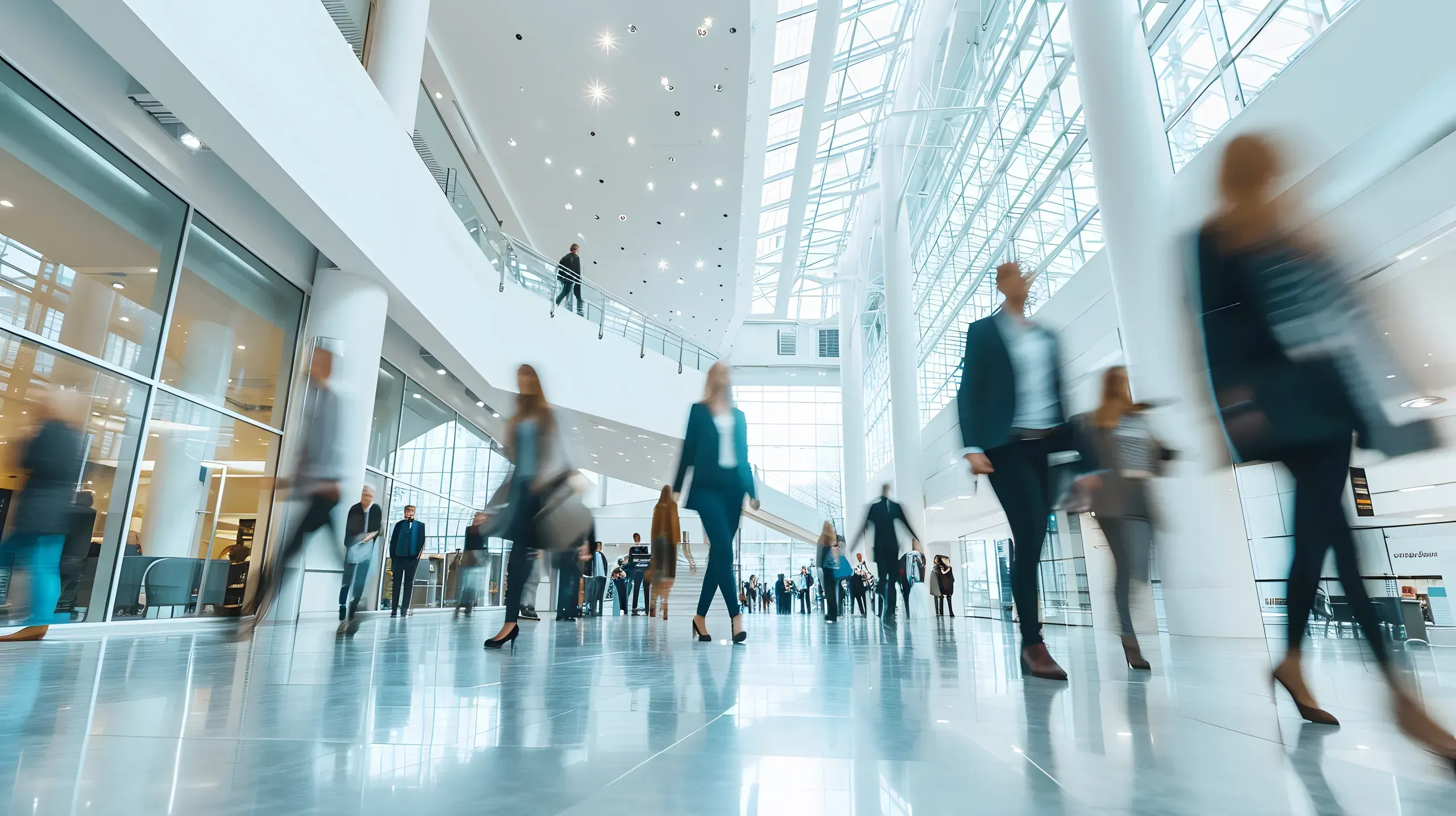 Busy modern office lobby with blurred businesspeople walking through bright, spacious atrium with skylights