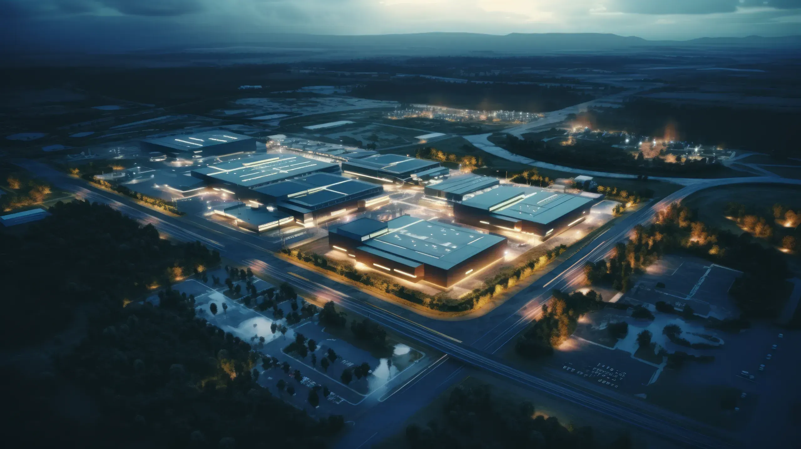 Aerial view of large industrial warehouse complex with illuminated buildings surrounded by forest at dusk.