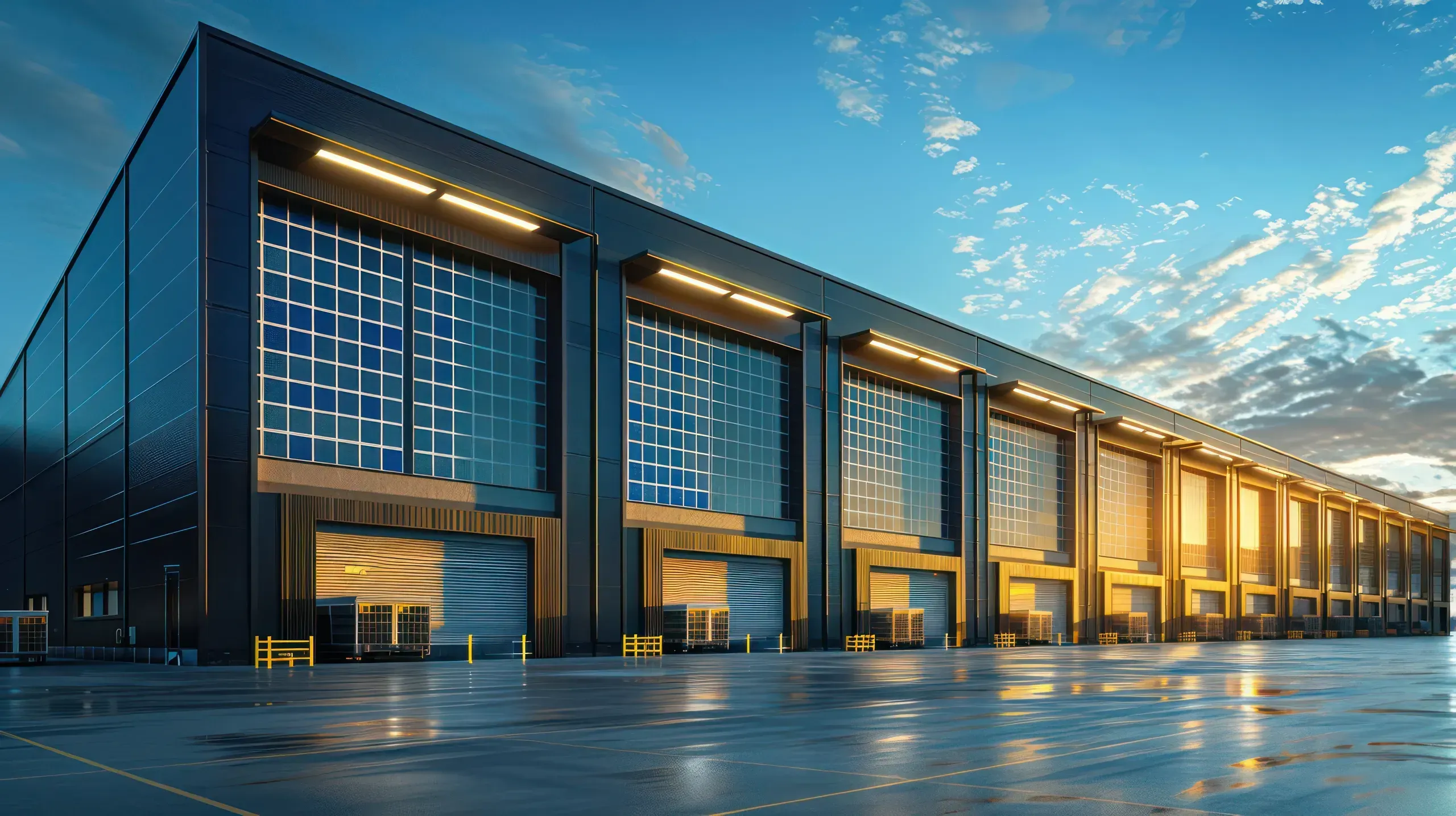 Modern industrial warehouse building with large illuminated glass doors and loading bays at dusk.