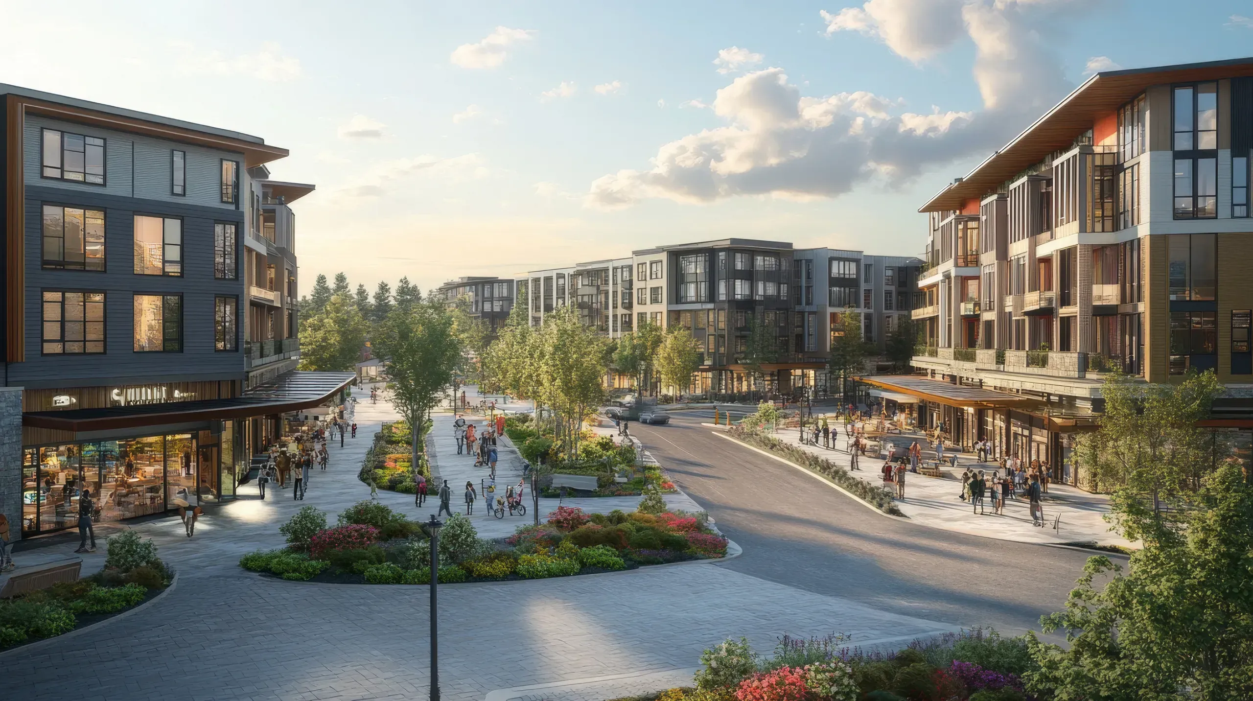 Mixed-use development rendering with residential buildings, ground-floor retail, pedestrian plaza, and landscaping at dusk.