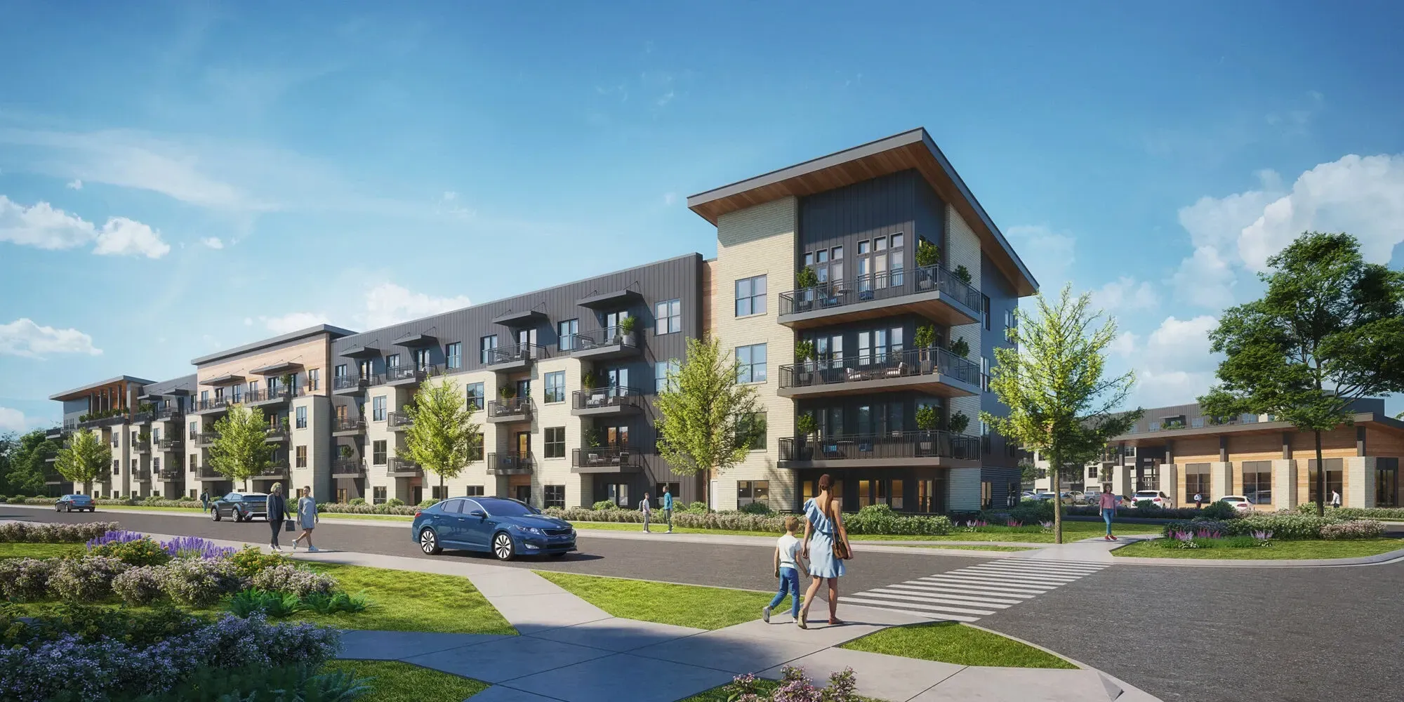 Modern multi-story residential apartment complex with landscaped grounds and parking area