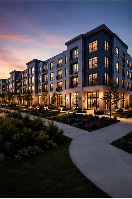 Modern multi-story residential building illuminated at dusk with landscaped courtyard and curved walkway.