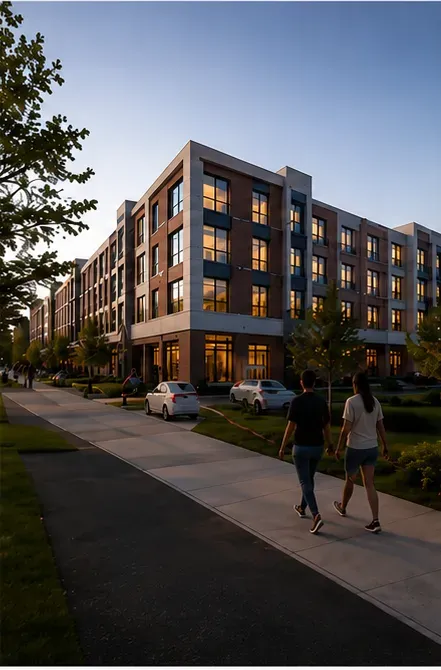 Modern residential building with brick and metal facade at dusk, pedestrians walking on tree-lined street.