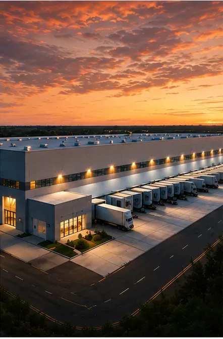 Modern logistics warehouse with loading docks at sunset, illuminated exterior lighting
