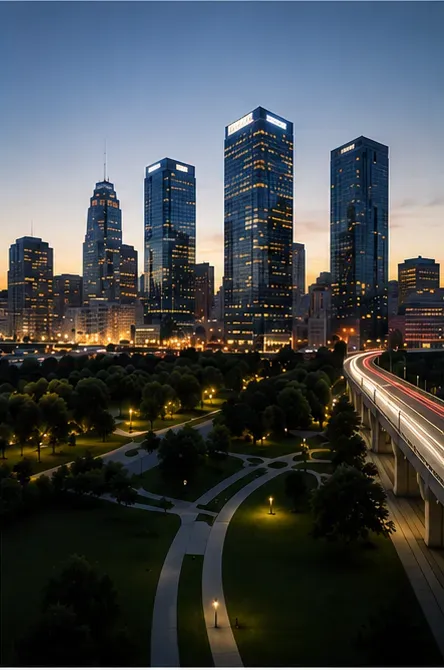 Downtown Chicago skyline at dusk with illuminated skyscrapers and Grant Park in foreground